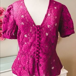Free People Magenta Floral Lace V-Neck Puff Sleeve Peplum Button-Up Top Small -
